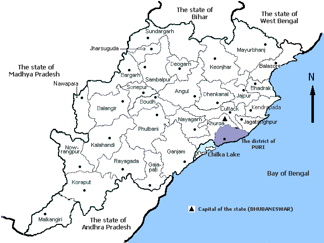 Location of the district of Puri, within Orissa.